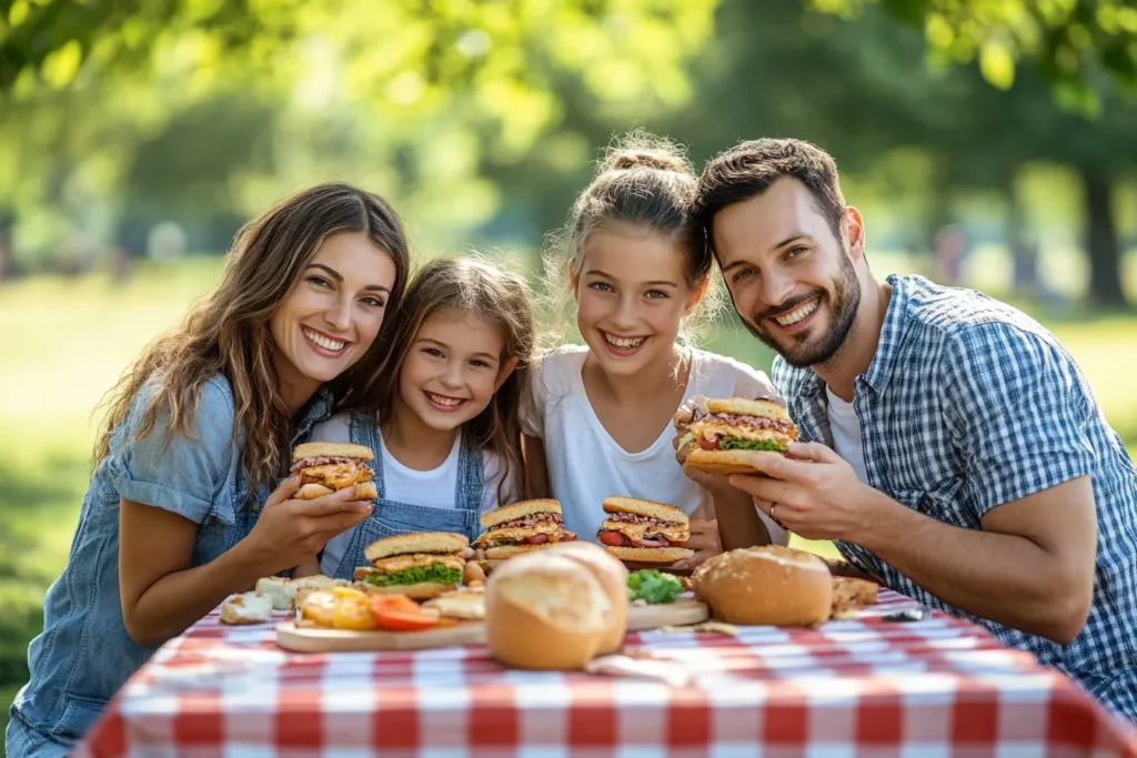 A family enjoying peanut butter sandwiches at lunch
