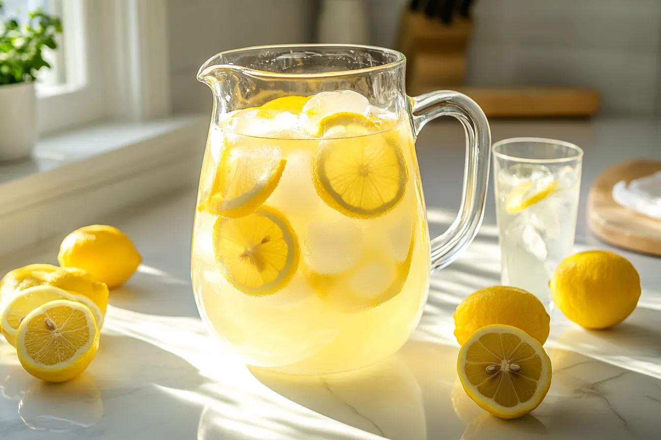 “Pitcher of freshly made lemonade with lemon slices and ice cubes”