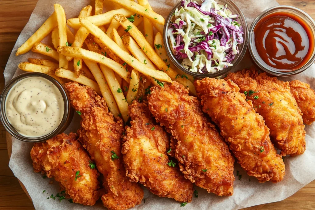 “Hot honey chicken tenders served with dipping sauces and sides”