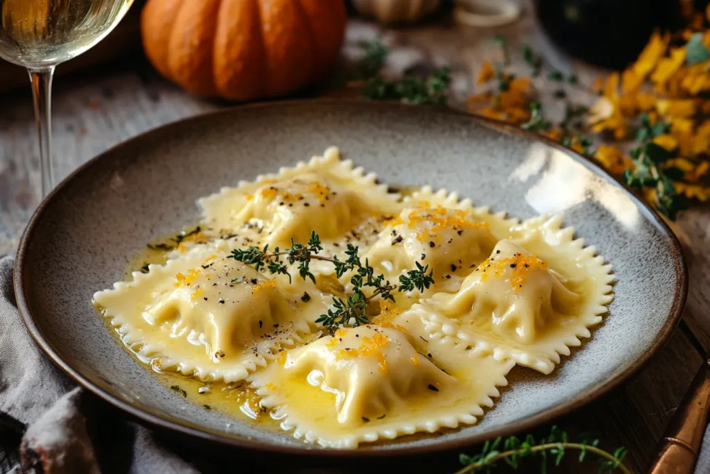 Ravioli with squash sauce, a glass of white wine, and garnish