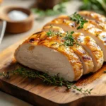 Juicy sous vide chicken breast sliced on cutting board
