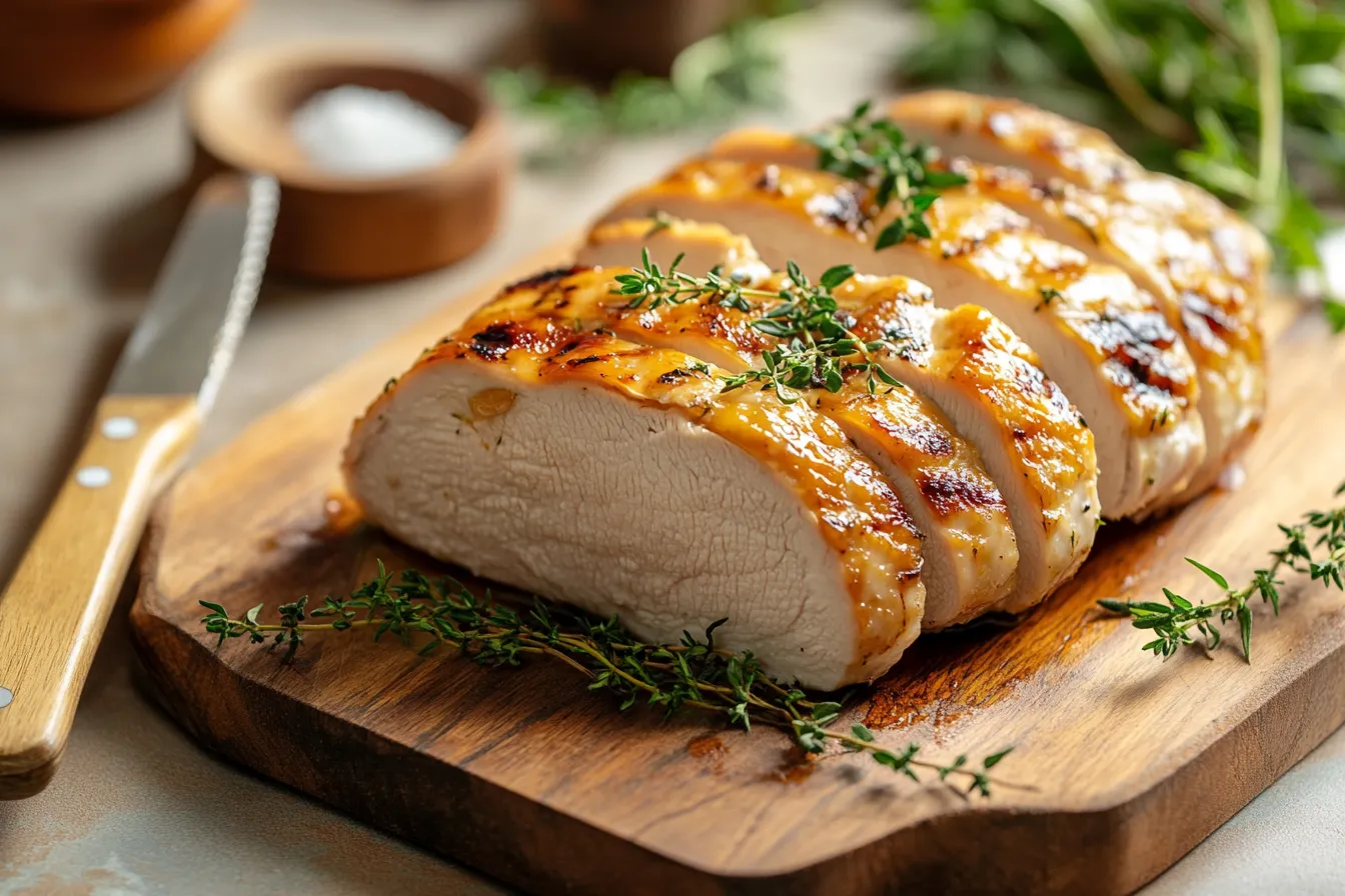 Juicy sous vide chicken breast sliced on cutting board
