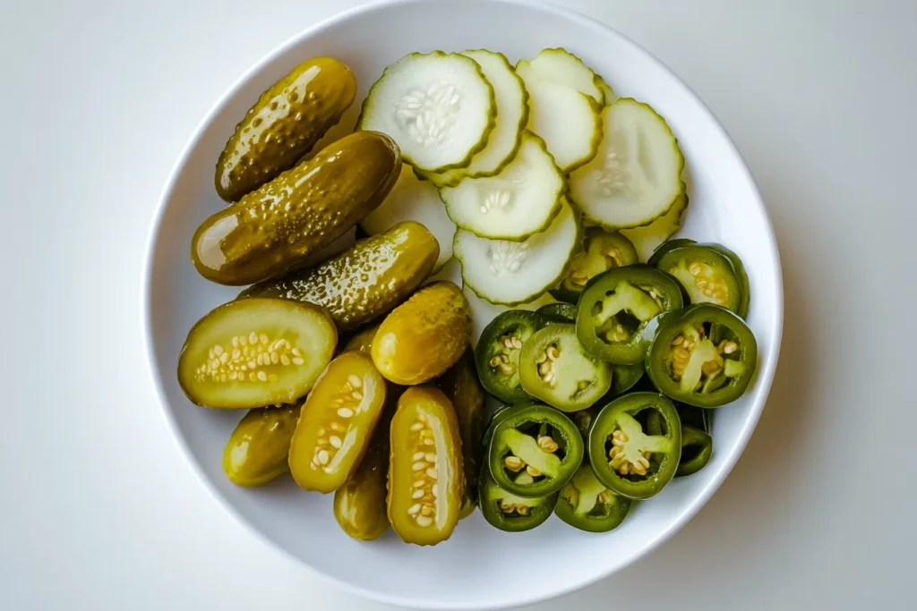 Different types of pickles on a plate