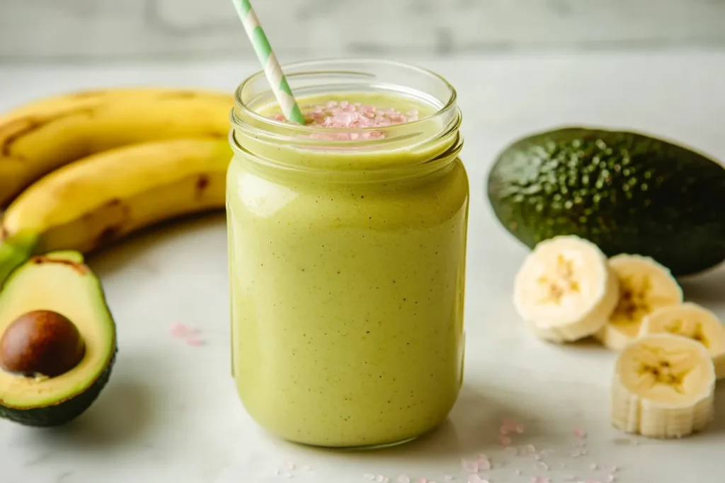 “Healthy smoothie with pink salt and avocado”