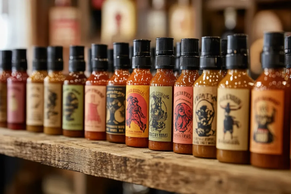 Bottles of Nashville hot sauce on display