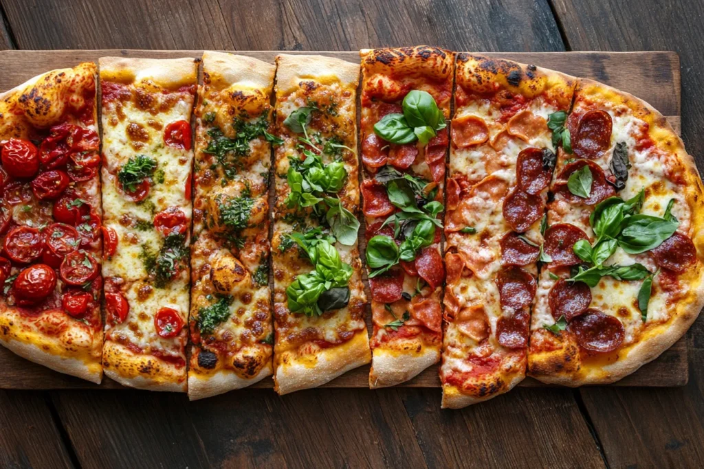 Assortment of Detroit, Neapolitan, and California pizzas