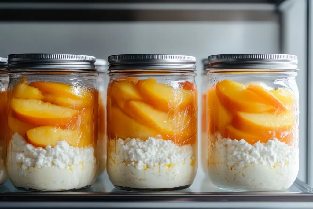 Meal-prepped containers of cottage cheese and peaches