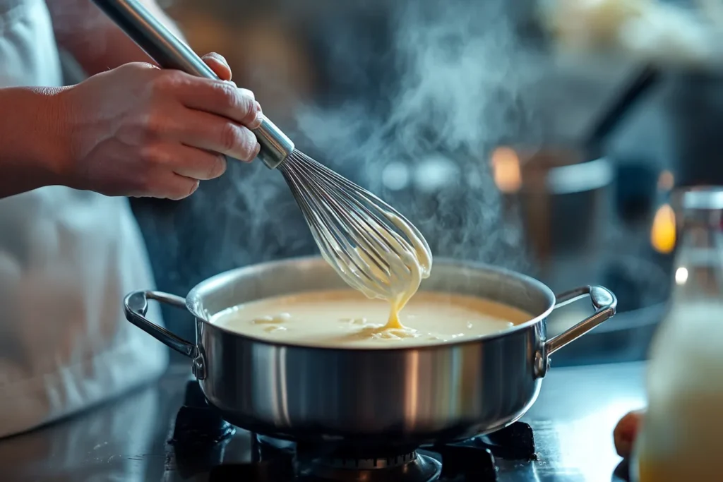 stirring homemade vanilla custard base