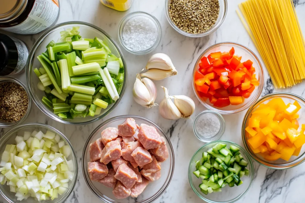 Ingredients for pastalaya laid out on a kitchen counter