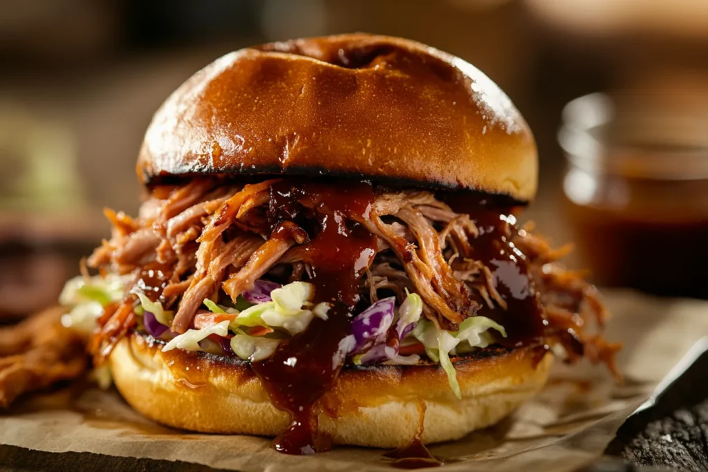 Pulled pork sandwich topped with vinegar based BBQ sauce