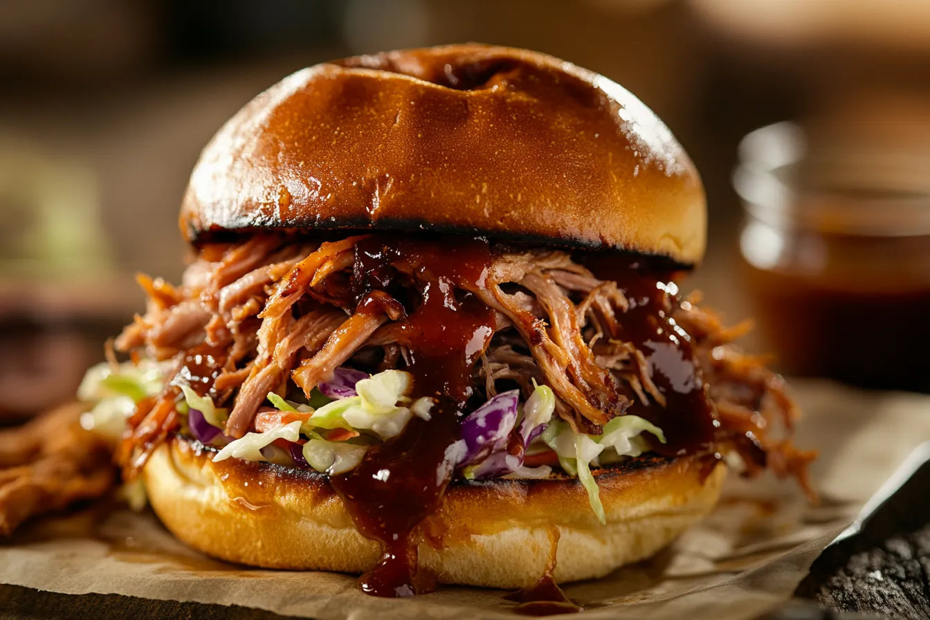 Pulled pork sandwich topped with vinegar based BBQ sauce
