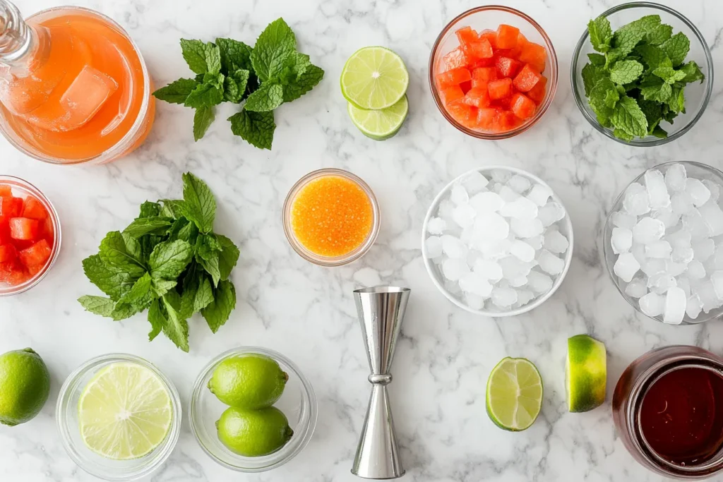 “Ingredients for making Pulse Mojito arranged neatly”