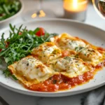 Plate of ravioloni served with side salad and wine