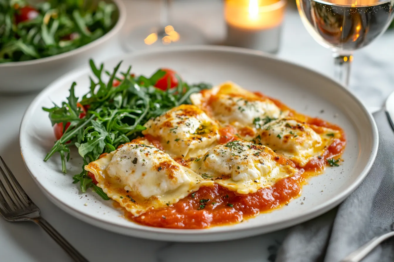Plate of ravioloni served with side salad and wine