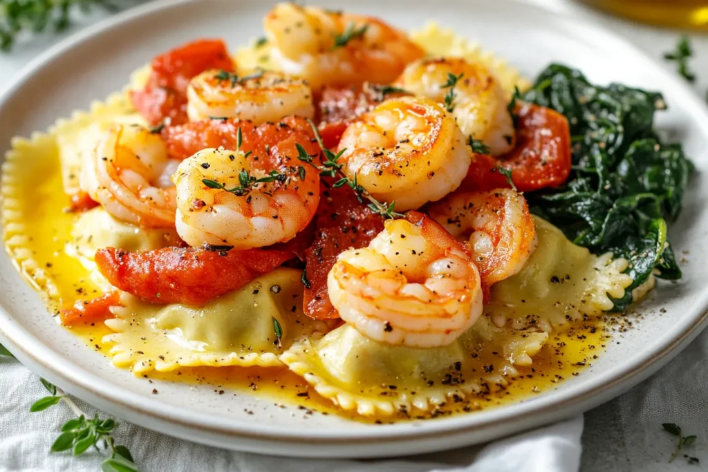 Creative ravioloni variations with added shrimp and vegetables