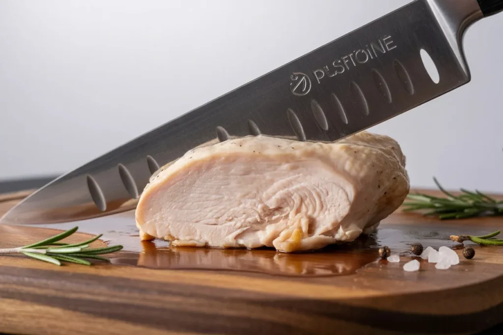 Chef slicing cooked chicken for serving