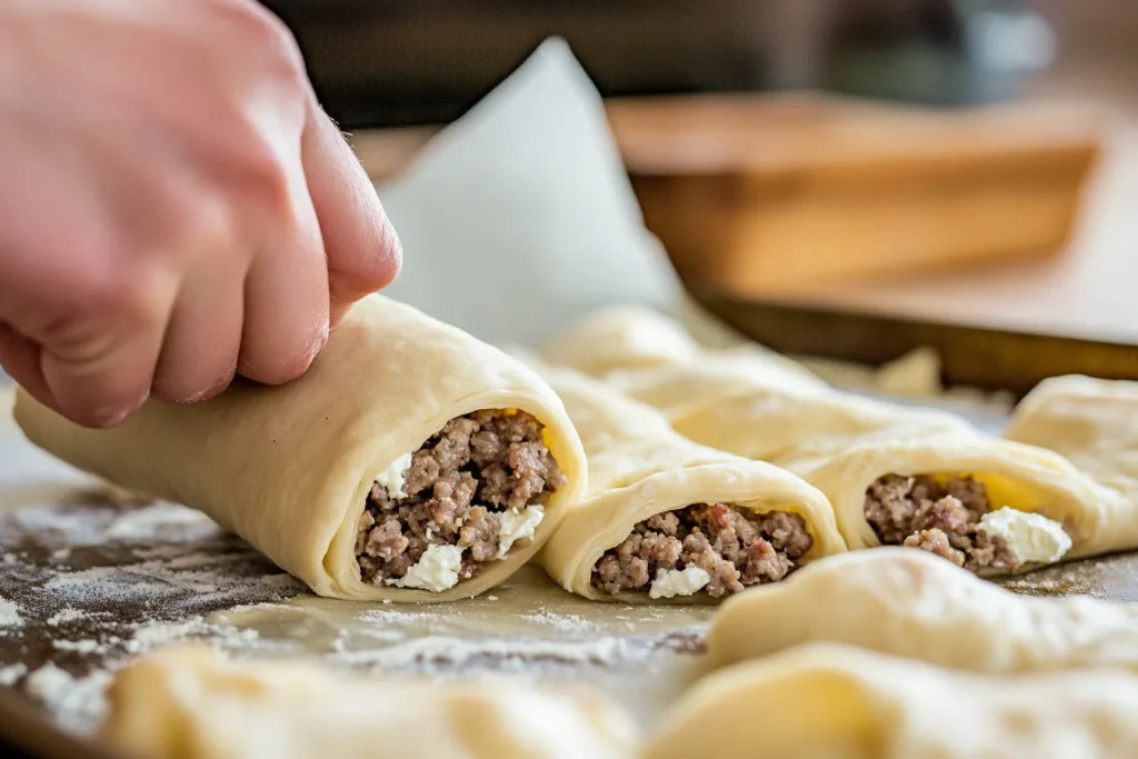 Rolling sausage cream cheese filling into crescent dough