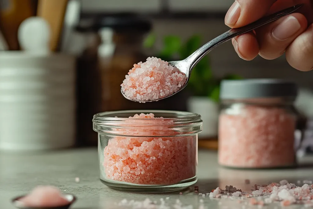 “Measuring pink Himalayan salt with a teaspoon”