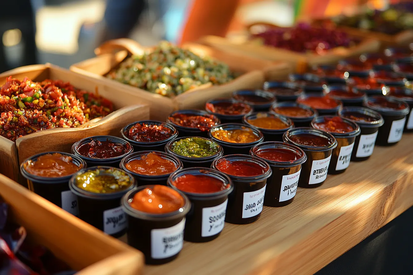 “Heat level chart and sauces displayed on tasting board”