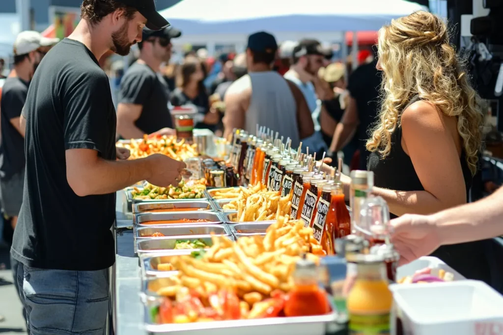 “People sampling fruit-infused and hot sauces at a food festival booth”