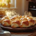 Golden sausage cream cheese crescent rolls on a wooden platter