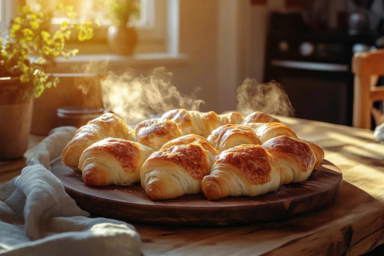 Golden sausage cream cheese crescent rolls on a wooden platter