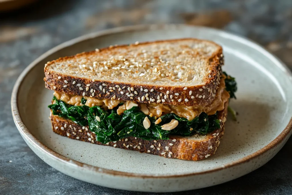 Gourmet peanut butter sandwich with greens and sesame
