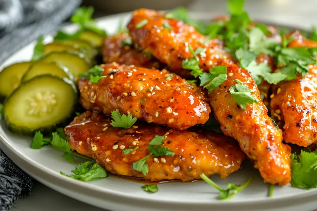 “Hot honey chicken tenders on a plate ready to serve”