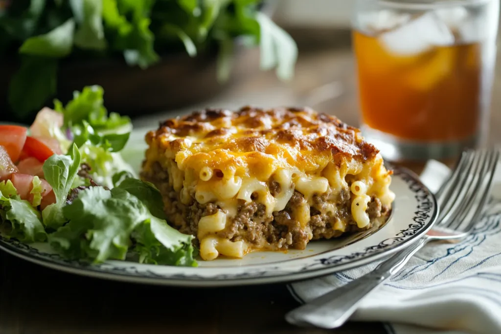 Served slice of casserole with salad and drink on a dinner plate