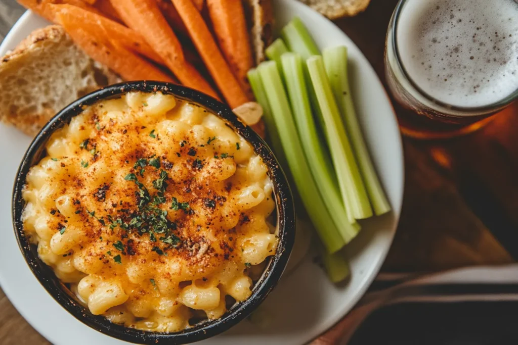 buffalo mac and cheese served with sides and beer