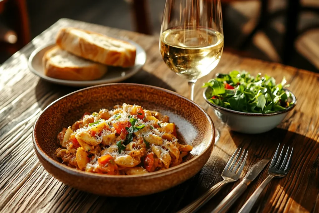 Pastalaya served with garlic bread and a green salad
