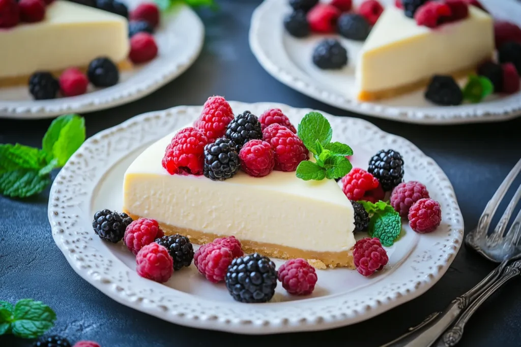 Slices of cheesecake served with berries on a plate