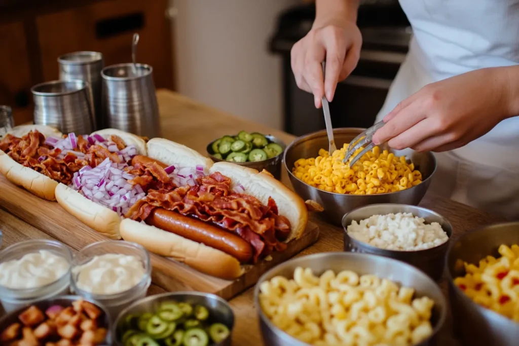 "Party host setting up a DIY hot dog station"
