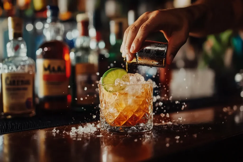 Bartender preparing a Mai Tai cocktail using a shaker and measuring jigger