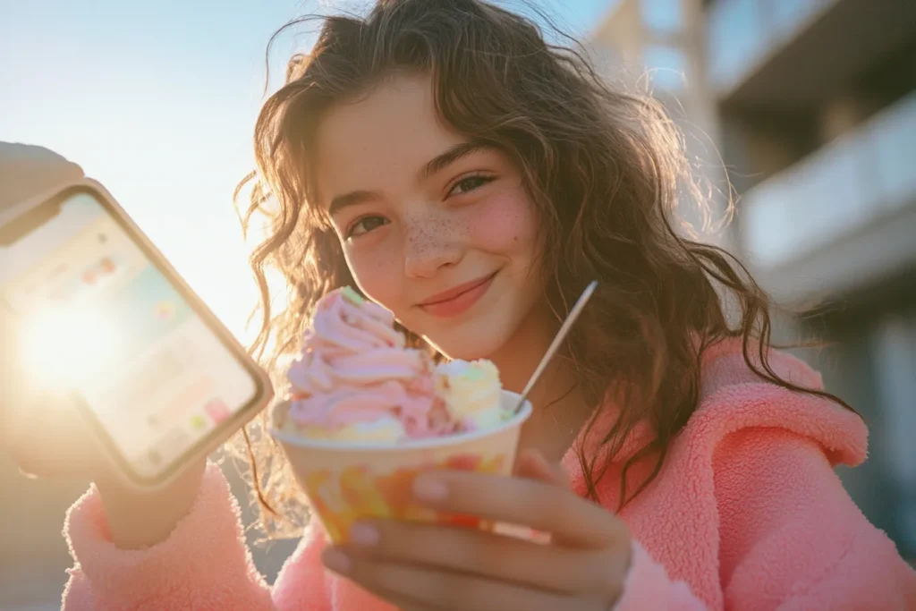 Teen posting ice cream breakfast on TikTok