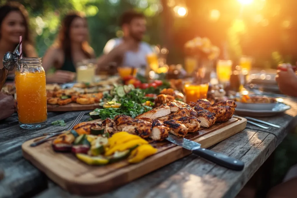 Family enjoying churrasco meal outdoors