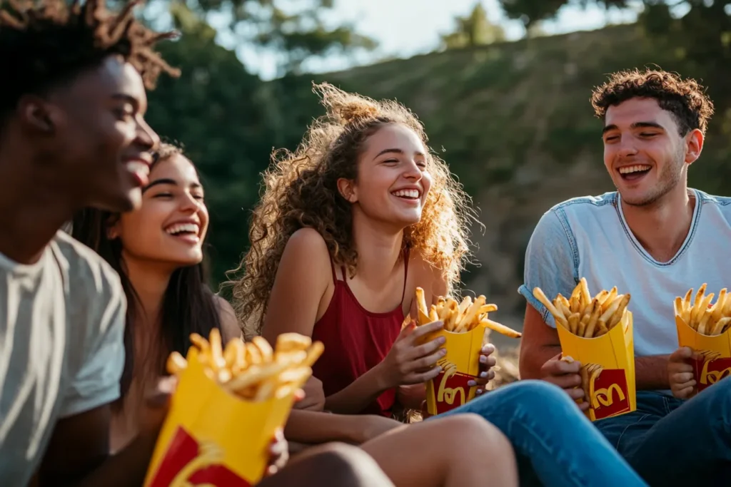 A happy group enjoying free fries together