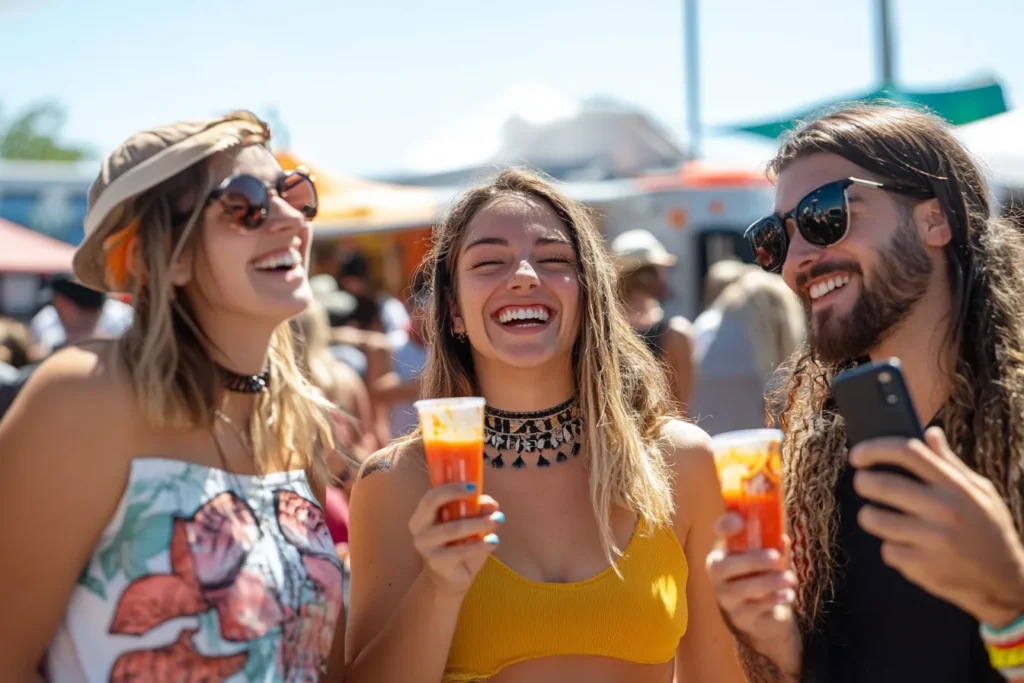 “Festival attendees sharing sauces on social media using phones”