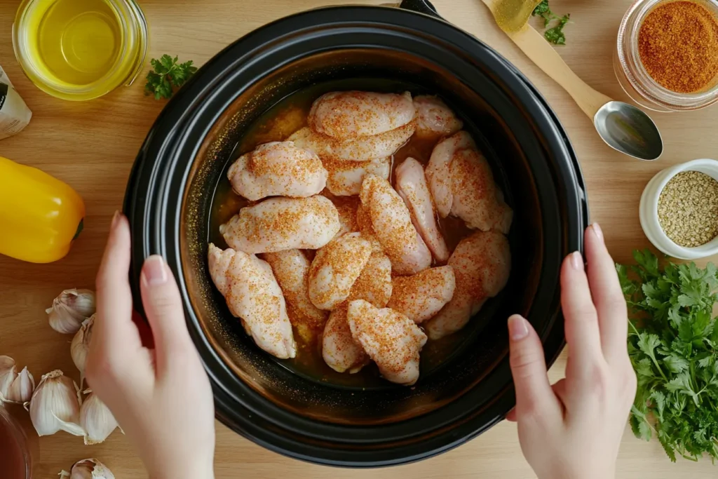 Hand placing seasoned chicken tenders into a slow cooker