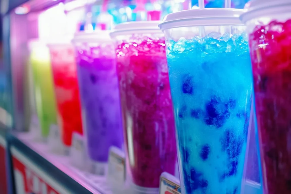 A close-up of a Slurpee machine with flavors like Wild Cherry and Blue Raspberry.