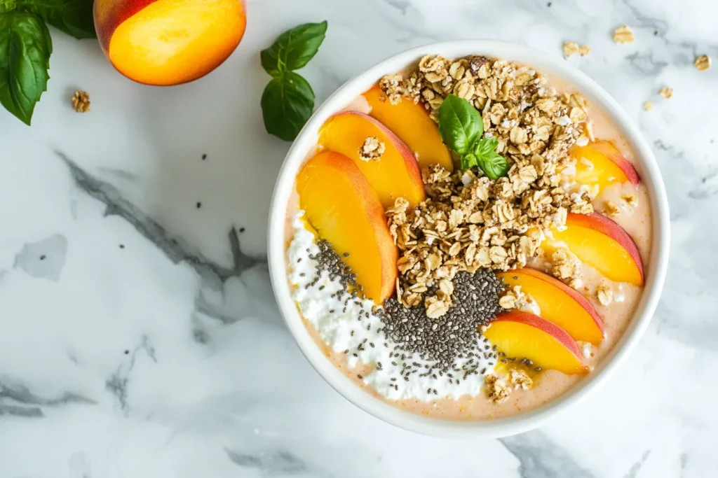 Cottage cheese peach smoothie bowl with toppings