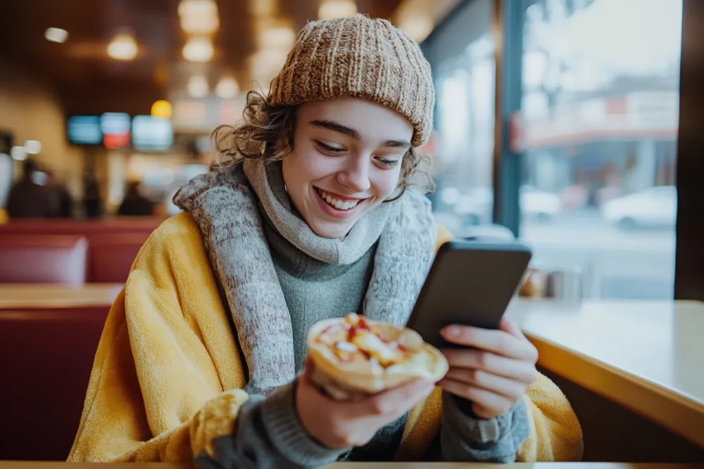 Young customer reacting with joy while eating a Snack Wrap