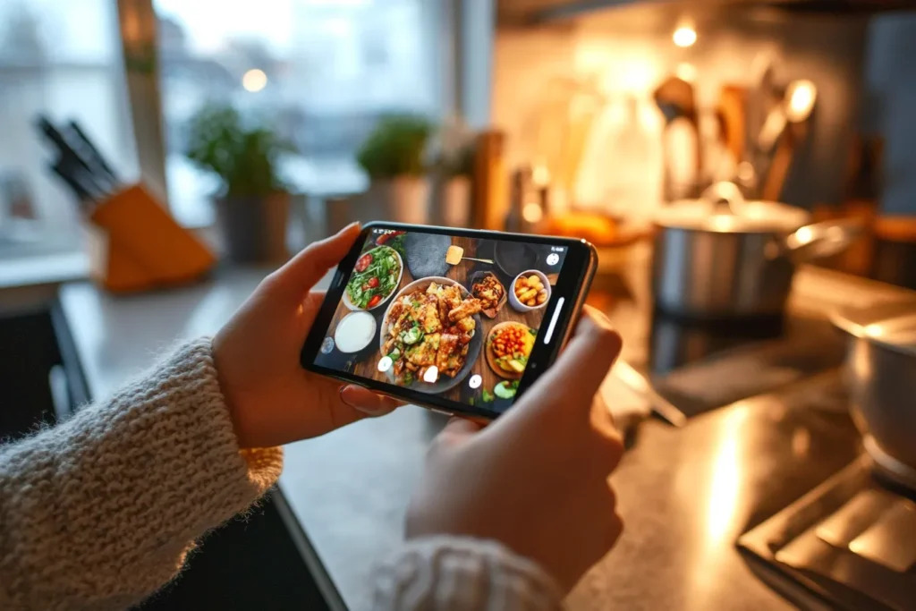 person scrolling through gourmet food TikToks