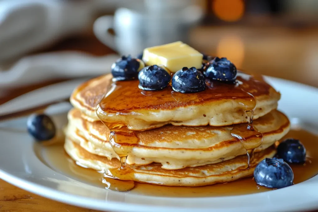 Stack of sourdough pancakes with berries