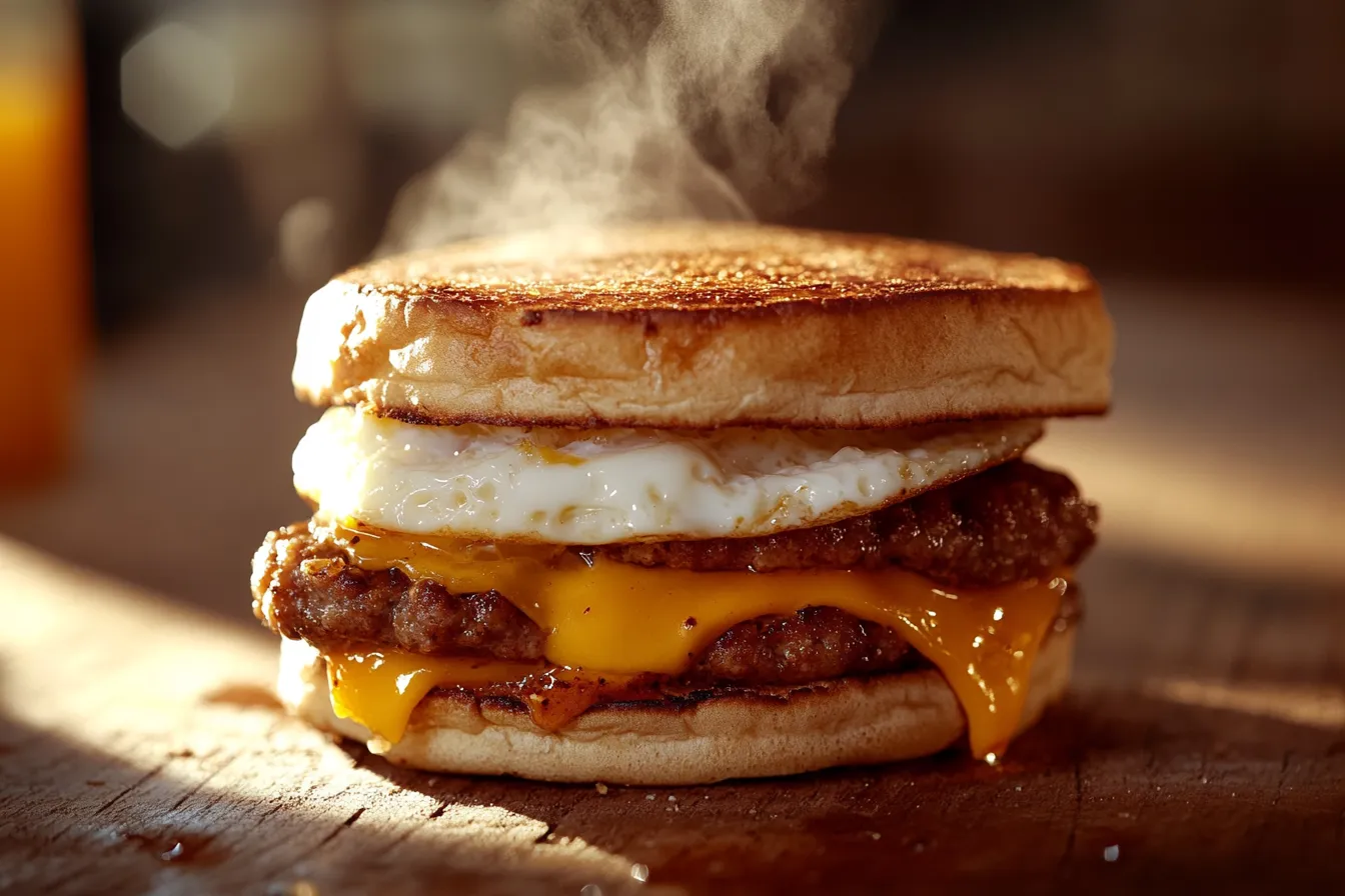 A close-up of McDonald's new Spicy McMuffin sandwich on a breakfast table