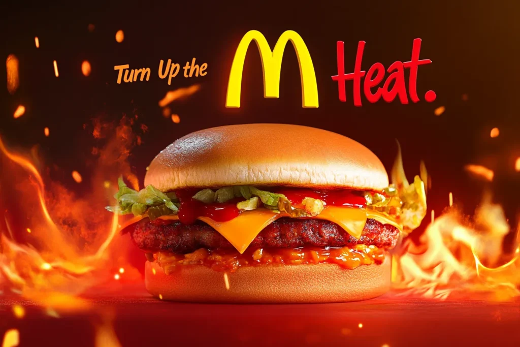 McDonald's promotional banner for Spicy McMuffin with fiery visuals