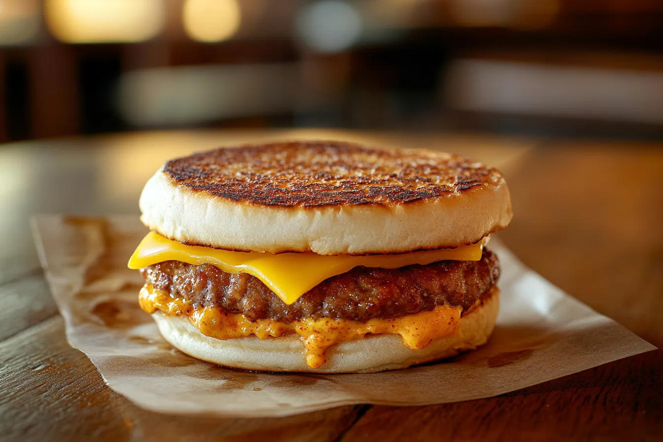 A close-up of McDonald's Spicy Sausage McMuffin on a breakfast table