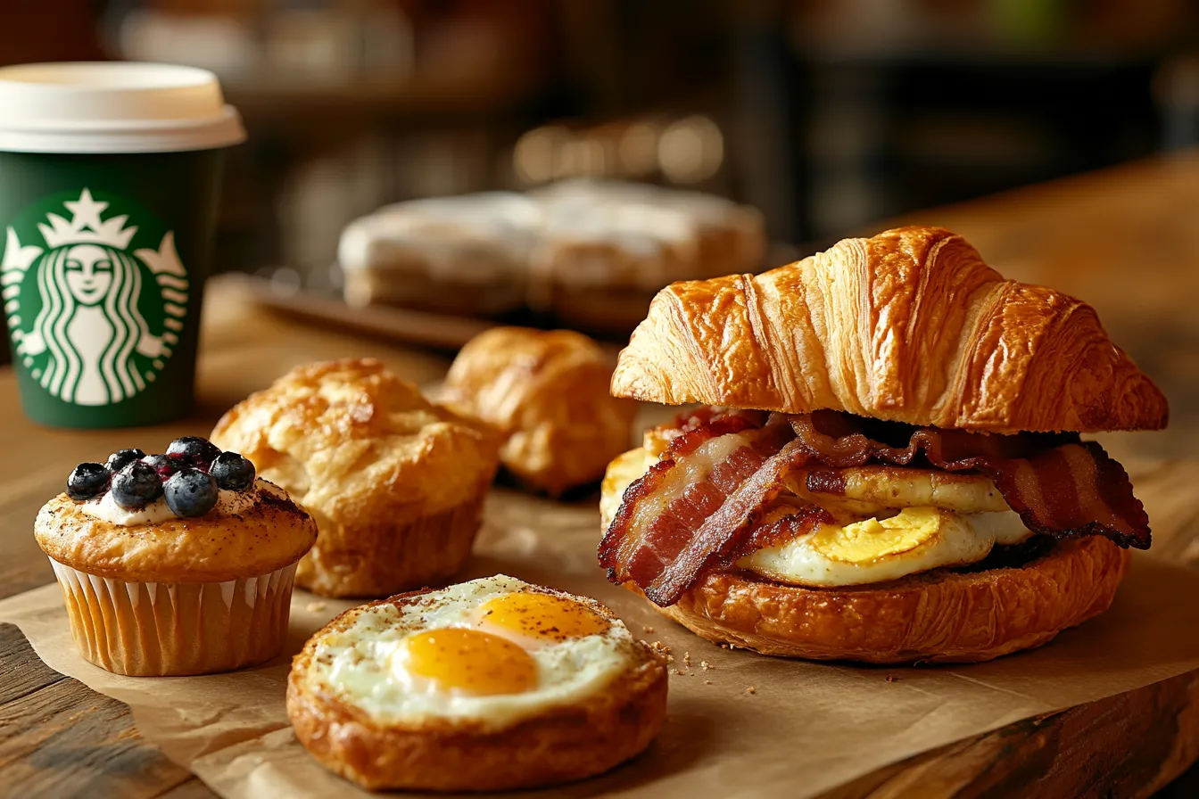 Variety of Starbucks breakfast sandwiches and pastries