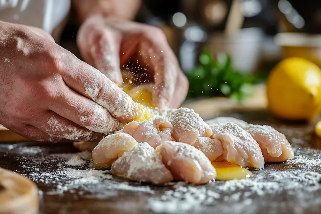 “Dipping and coating chicken tenders in flour mixture”