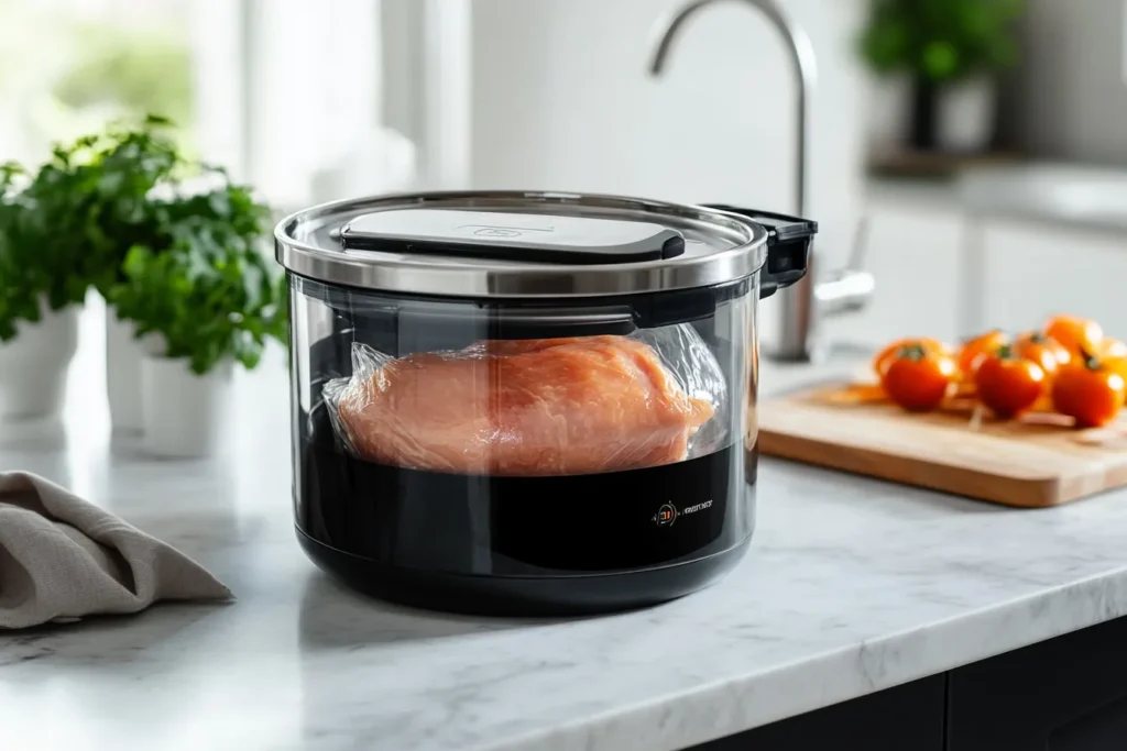 Sous vide setup with vacuum-sealed chicken in water bath